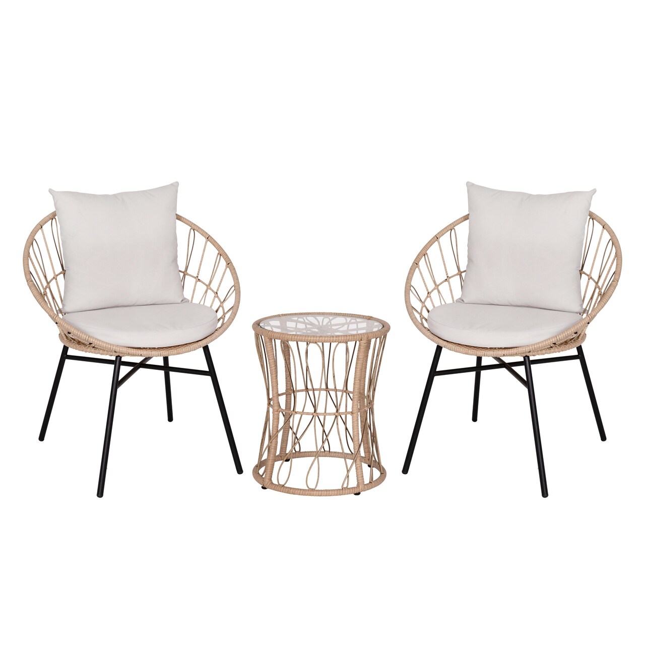 Merrick Lane Alma 3 Piece Patio Set with Rope Rattan Chairs, Matching Glass Top Side Table and Cushions for Indoor/Outdoor Use